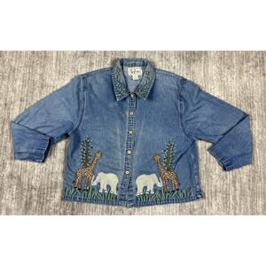 Vintage Tan Trums Womens Shirt PM Blue Denim Animal Safari Embroidery Button
